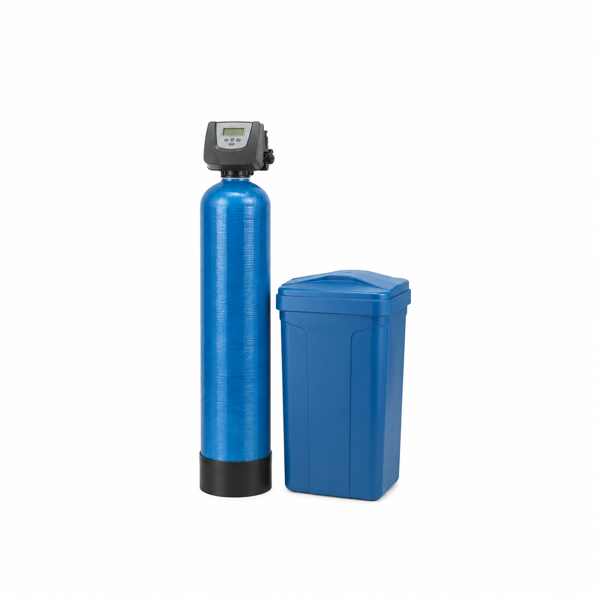 Autotrol metered water softener system with full control head and brine tank, centered with safe white margins