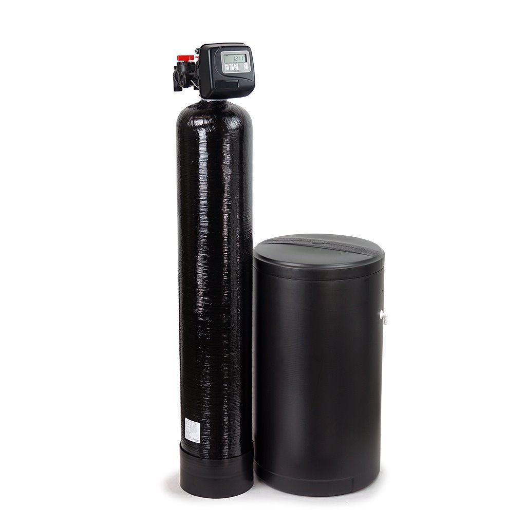 WaterSoftenerPlus uranium removal system with black mineral tank and brine tank
