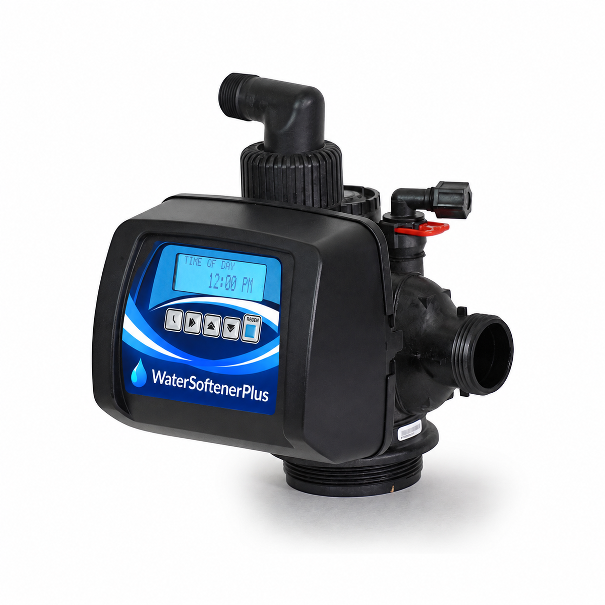 WSP 1-1/2 inch port softener valve with fitted WaterSoftenerPlus Mylar around LCD and five buttons