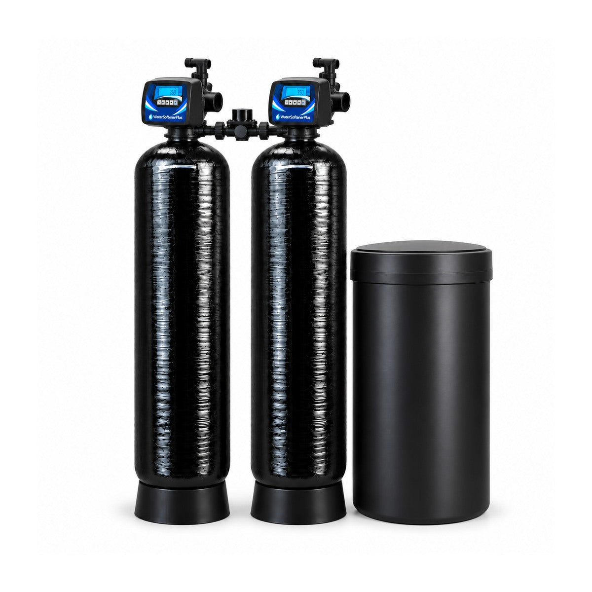 NWS15PL 120,000 grain twin alternating softener with two equal assembled mineral tanks, one brine tank and approved blue and white WaterSoftenerPlus Mylar on both heads