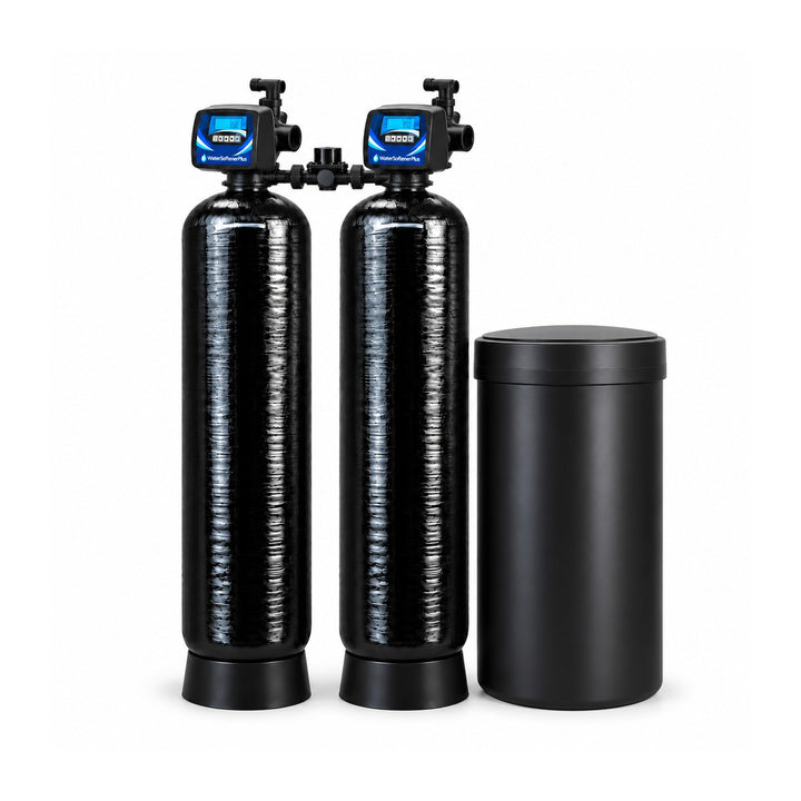 NWS15PL 120,000 grain twin alternating softener with two equal assembled mineral tanks, one brine tank and approved blue and white WaterSoftenerPlus Mylar on both heads