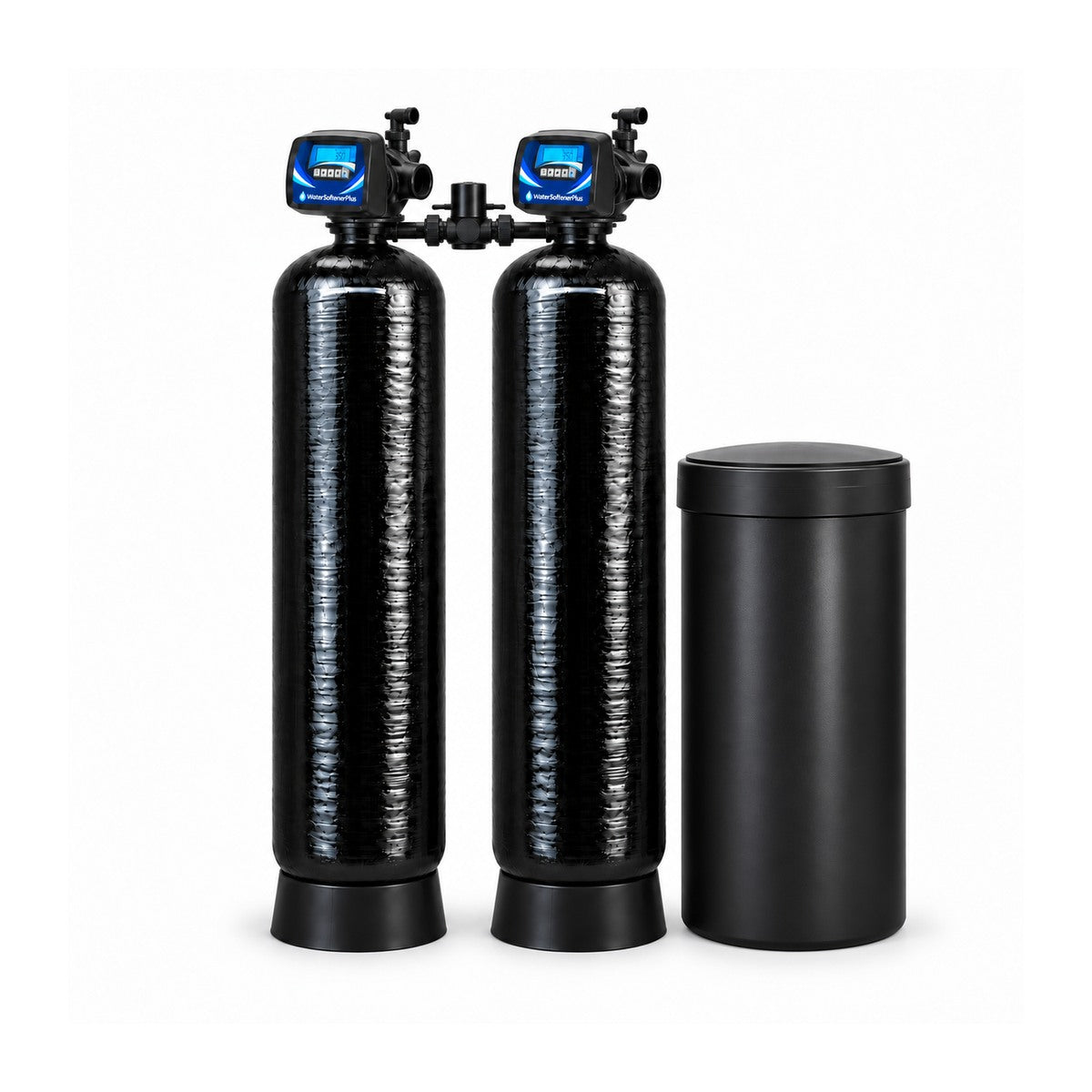 NWS15PL 150,000 grain twin alternating softener with two equal assembled mineral tanks, one brine tank and approved blue and white WaterSoftenerPlus Mylar on both heads