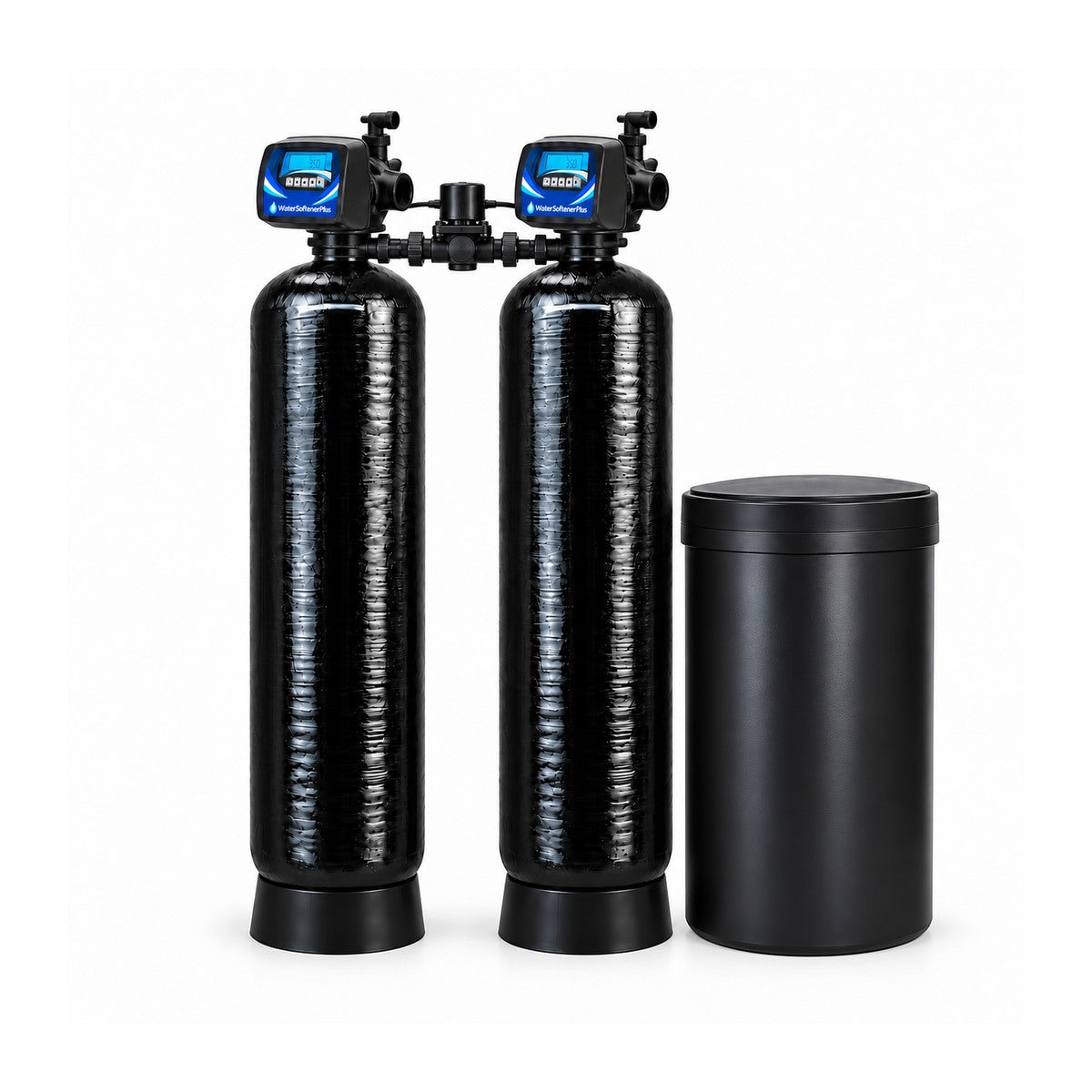 NWS15PL 210,000 grain twin alternating softener with two equal assembled mineral tanks, one brine tank and approved blue and white WaterSoftenerPlus Mylar on both heads