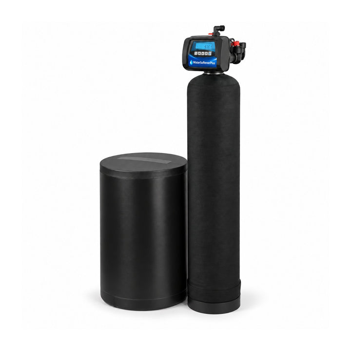 Representative 120,000 grain NWS15 configuration of WSP commercial metered single-tank water softener; control head and tank sizes vary by selected variant; WSP Mylar on assembled head