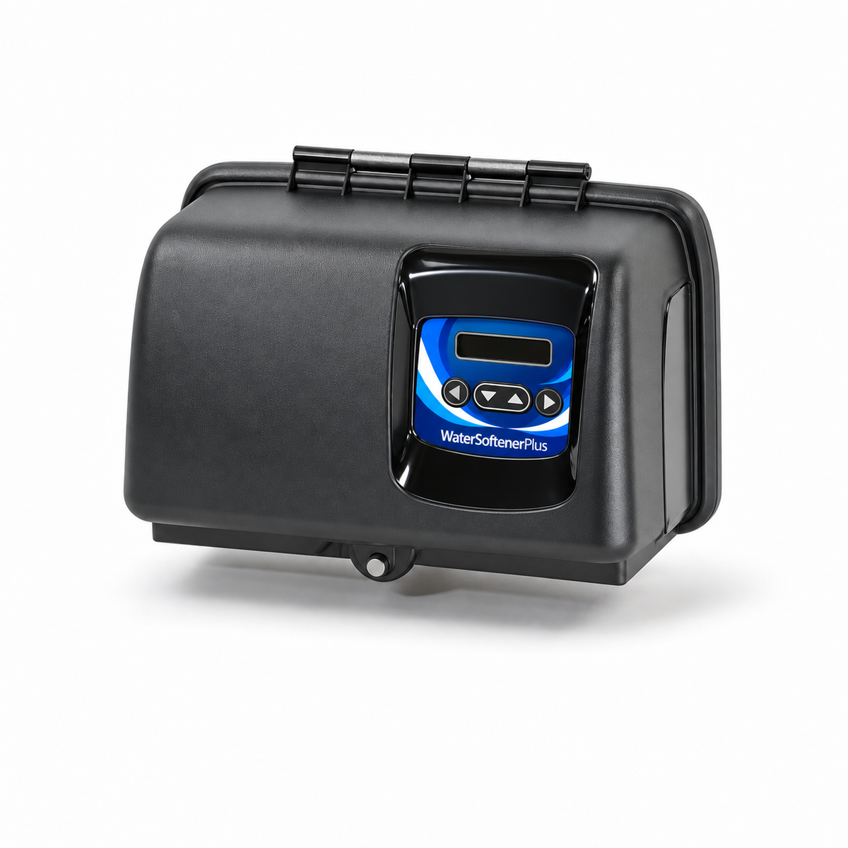 WSP Fleck 2815 electronic control head, blue-white WaterSoftenerPlus Mylar fitted around original LCD and directional buttons
