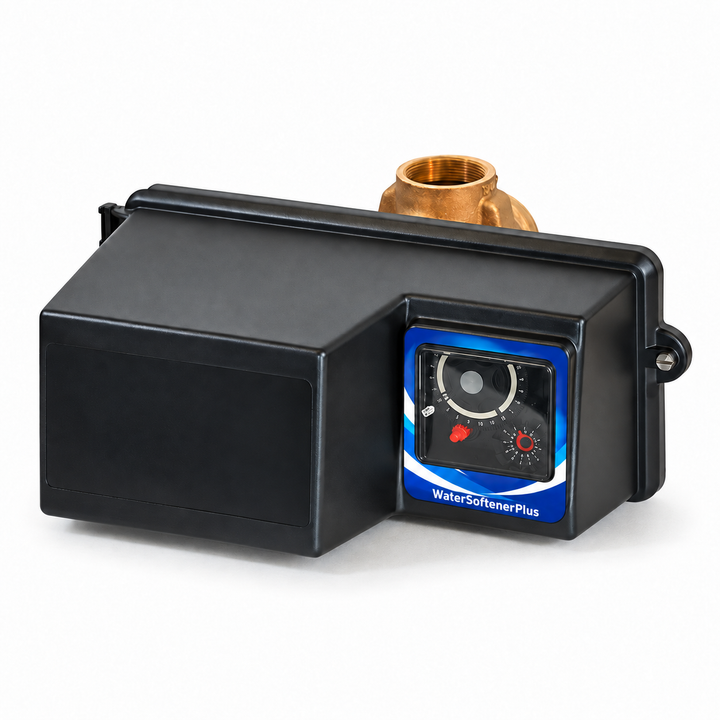 WSP Fleck 3150-3 valve only, original analog rotary controls with fitted blue-white WaterSoftenerPlus Mylar overlay