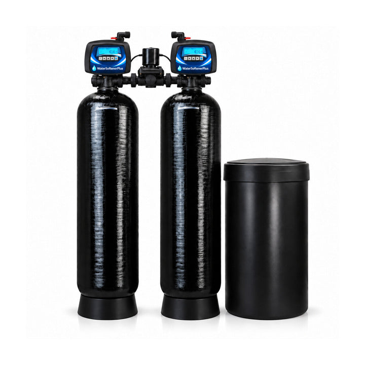 Nelsen 120,000 Grain Twin-Tank Commercial (NWS15) Water Softener — two equal assembled NWS15 mineral tank systems with WSP Mylar heads and included brine tank
