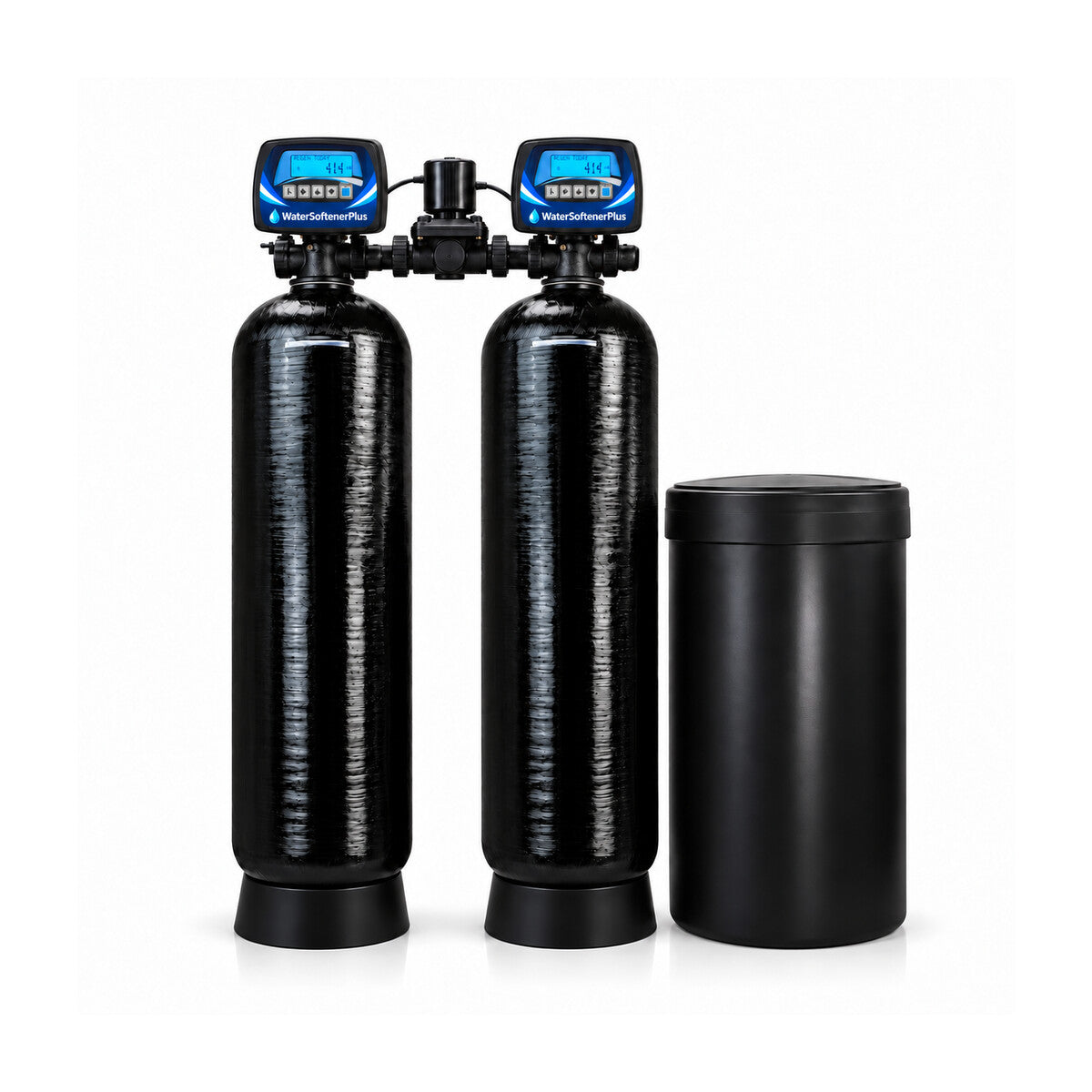 Nelsen 210,000 Grain Twin-Tank Commercial (NWS15) Water Softener — two equal assembled NWS15 mineral tank systems with WSP Mylar heads and included brine tank
