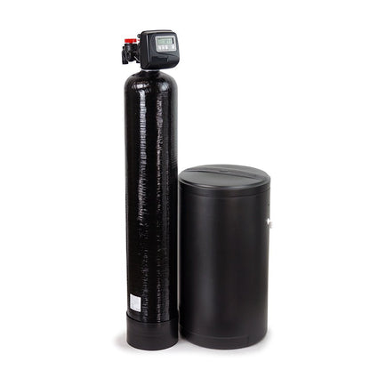 WaterSoftenerPlus uranium removal system with black mineral tank and brine tank