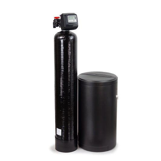 WaterSoftenerPlus uranium removal system with black mineral tank and brine tank