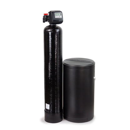 WaterSoftenerPlus hard water softener system with black mineral tank and brine tank