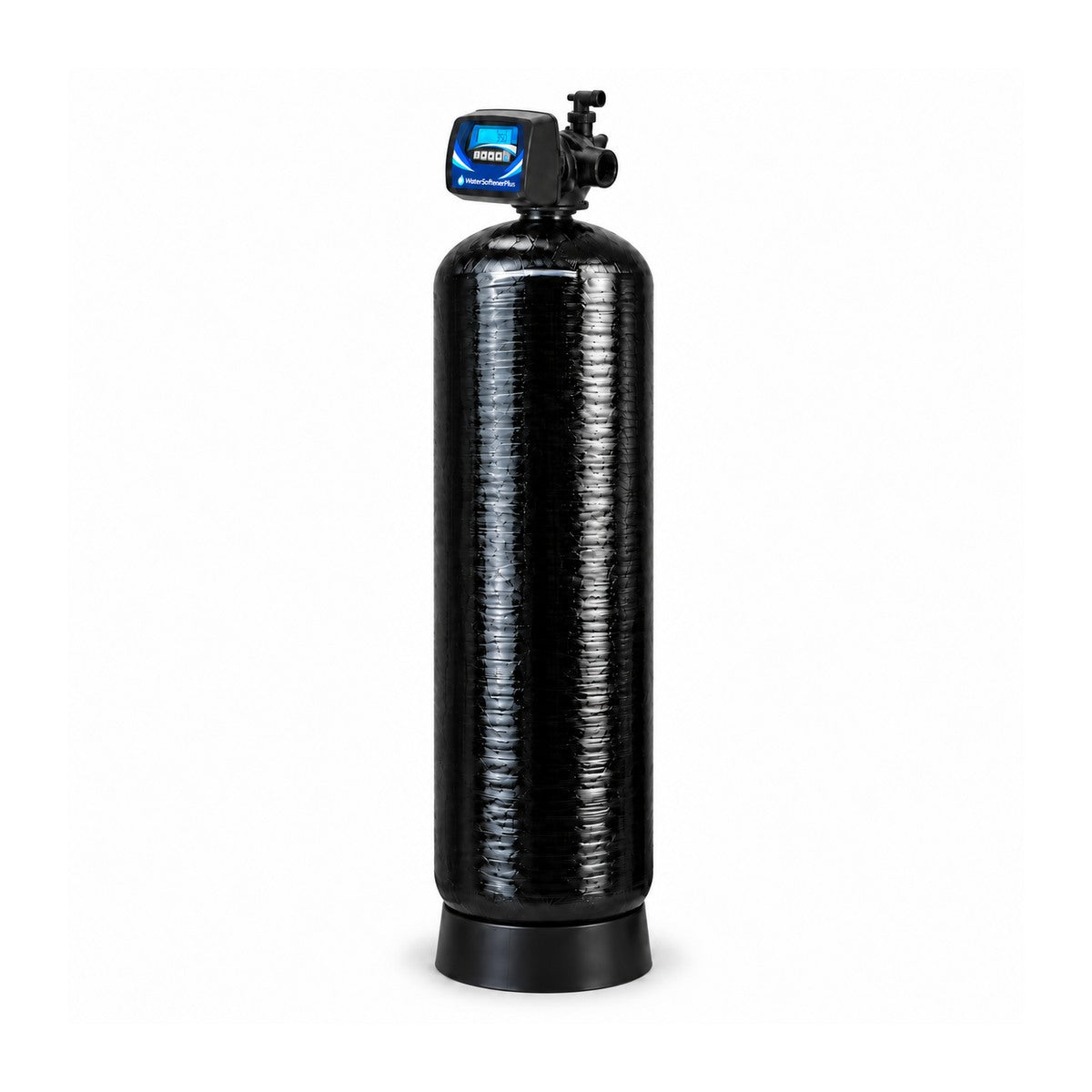 18" X 65" NWS 1.5" Composite Control AIO: approved blue and white WaterSoftenerPlus Mylar on assembled 18x65 composite AIO head and single tank