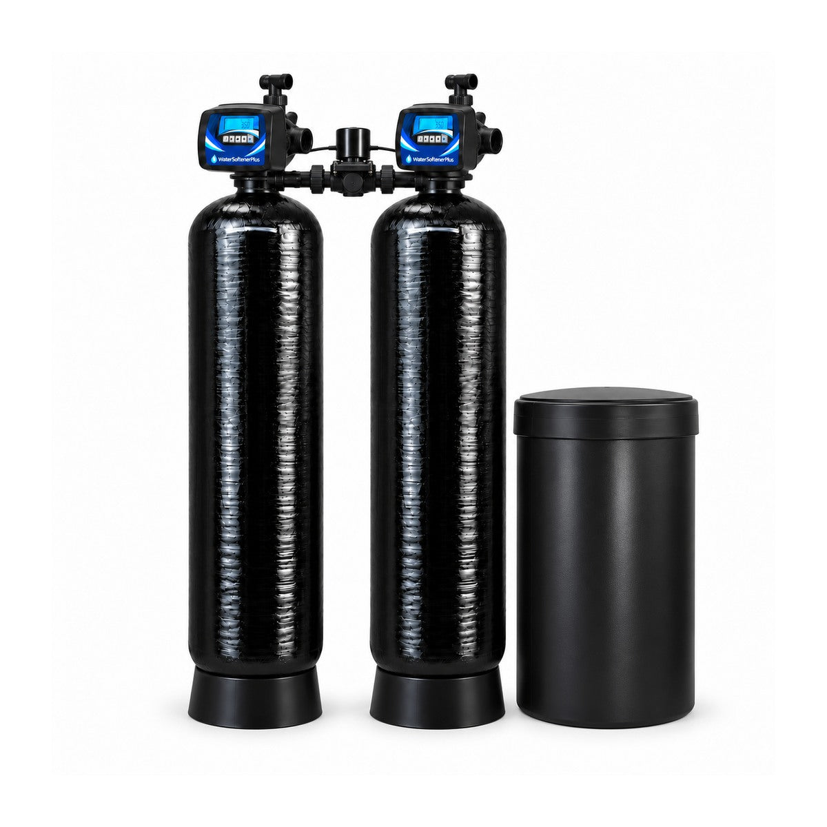 NWS15PL 300,000 grain twin alternating softener with two equal assembled mineral tanks, one brine tank and approved blue and white WaterSoftenerPlus Mylar on both heads