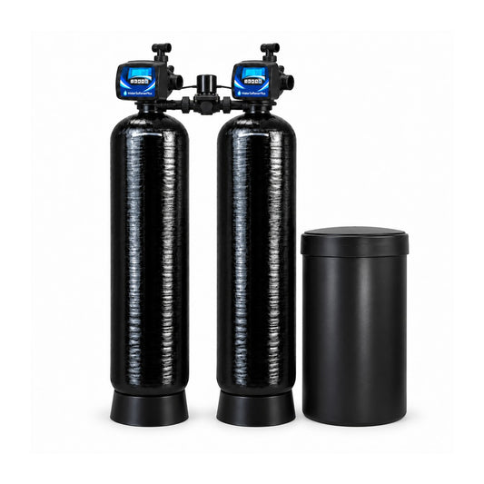 NWS15PL 300,000 grain twin alternating softener with two equal assembled mineral tanks, one brine tank and approved blue and white WaterSoftenerPlus Mylar on both heads