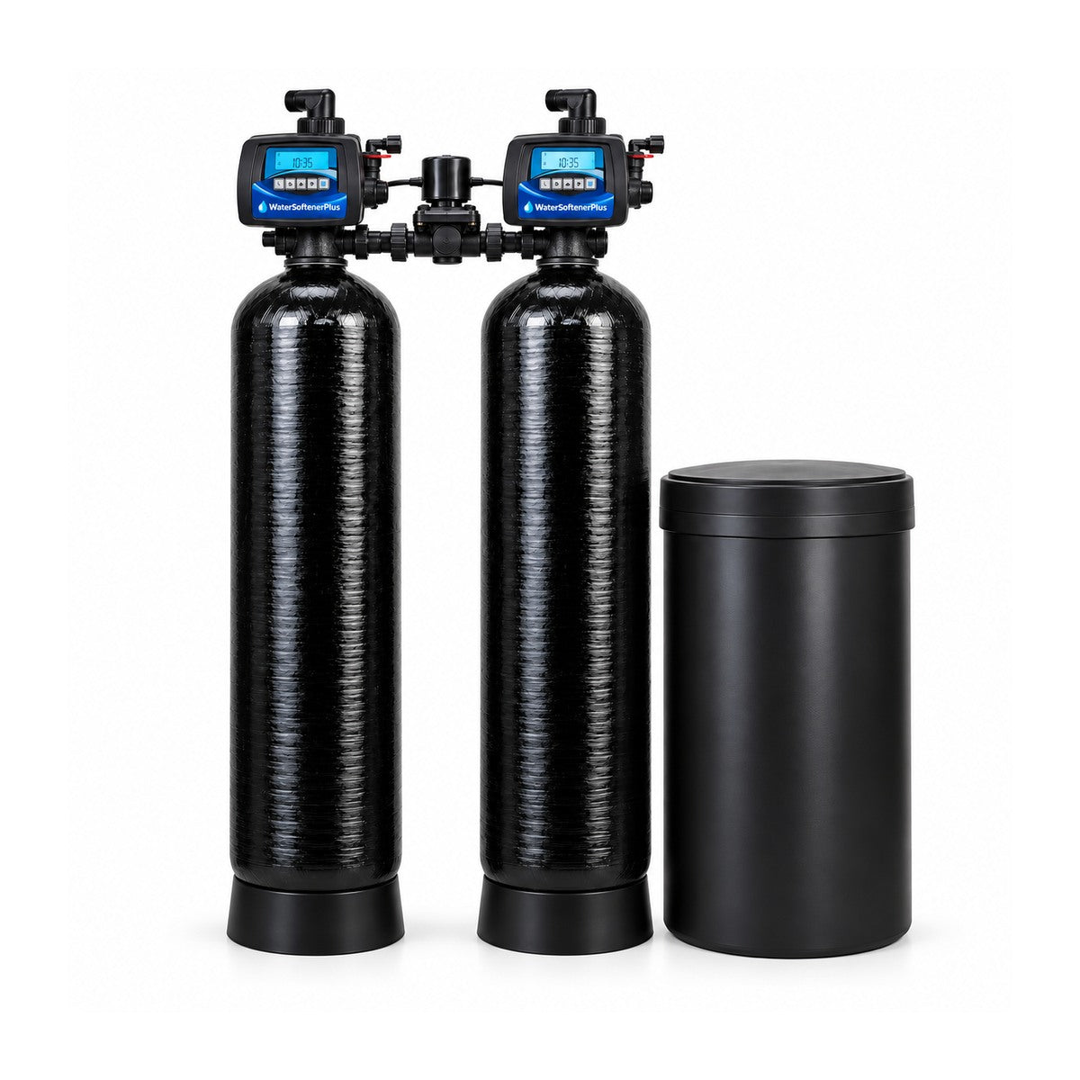Representative 120,000 grain NWS15 configuration of WSP commercial twin-tank water softener; control head and tank sizes vary by selected variant; WSP Mylar on assembled head