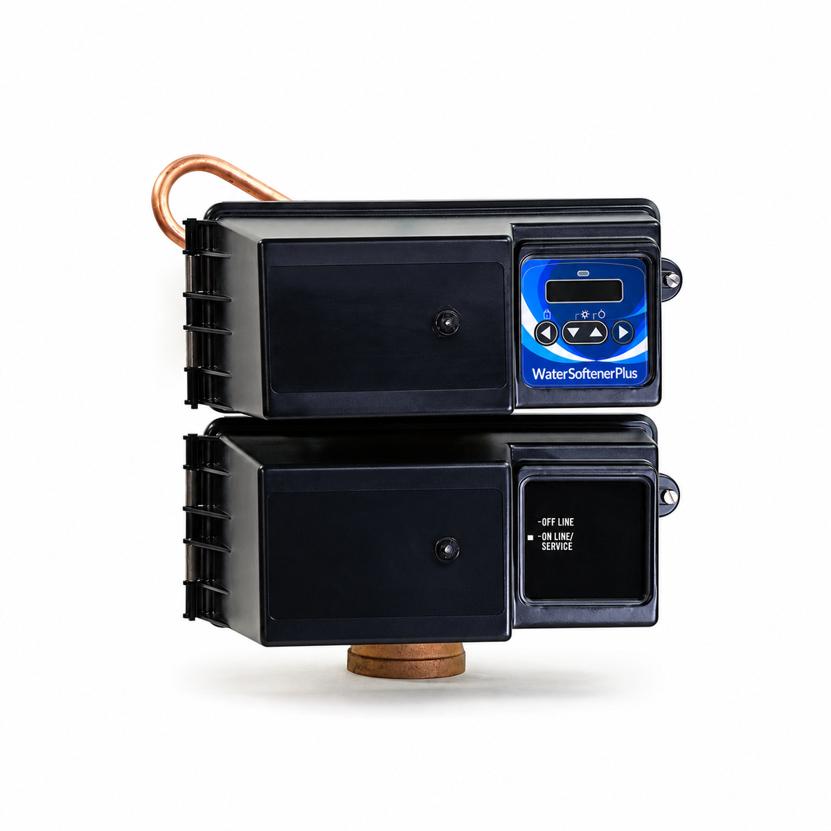 WSP Fleck 3900 control valve with WaterSoftenerPlus Mylar on upper digital controller, lower service status panel preserved