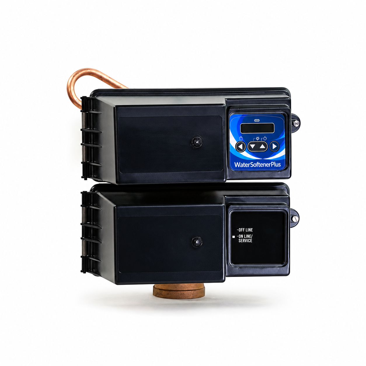 WSP Fleck 3900 control valve with WaterSoftenerPlus Mylar on upper digital controller, lower service status panel preserved