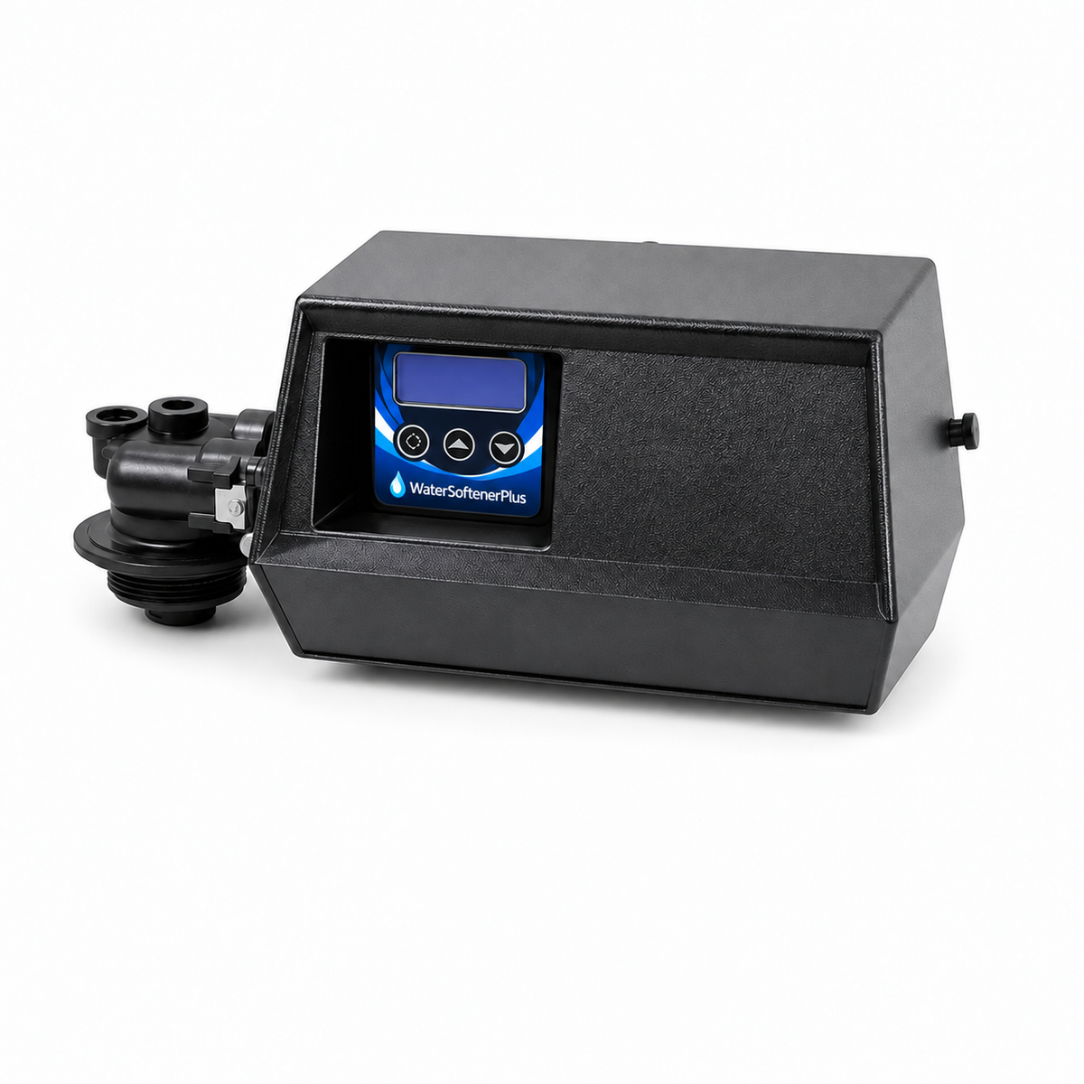 WSP Fleck 9100 electronic control valve head with WaterSoftenerPlus Mylar overlay around its LCD and three buttons; valve only