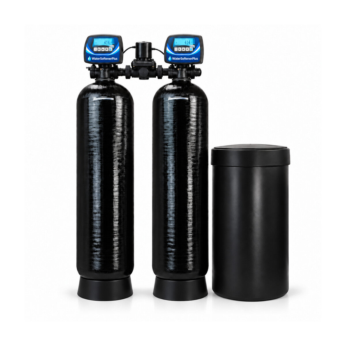 Nelsen 150,000 Grain Twin-Tank Commercial (NWS15) Water Softener — two equal assembled NWS15 mineral tank systems with WSP Mylar heads and included brine tank