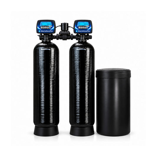 Nelsen 210,000 Grain Twin-Tank Commercial (NWS15) Water Softener — two equal assembled NWS15 mineral tank systems with WSP Mylar heads and included brine tank