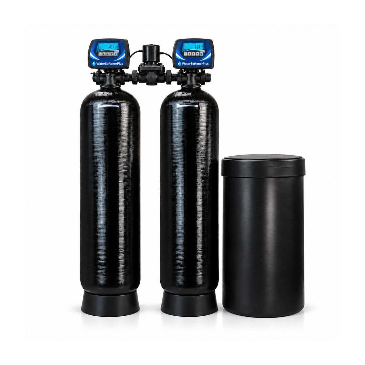 Nelsen 300,000 Grain Twin-Tank Commercial (NWS15) Water Softener — two equal assembled NWS15 mineral tank systems with WSP Mylar heads and included brine tank