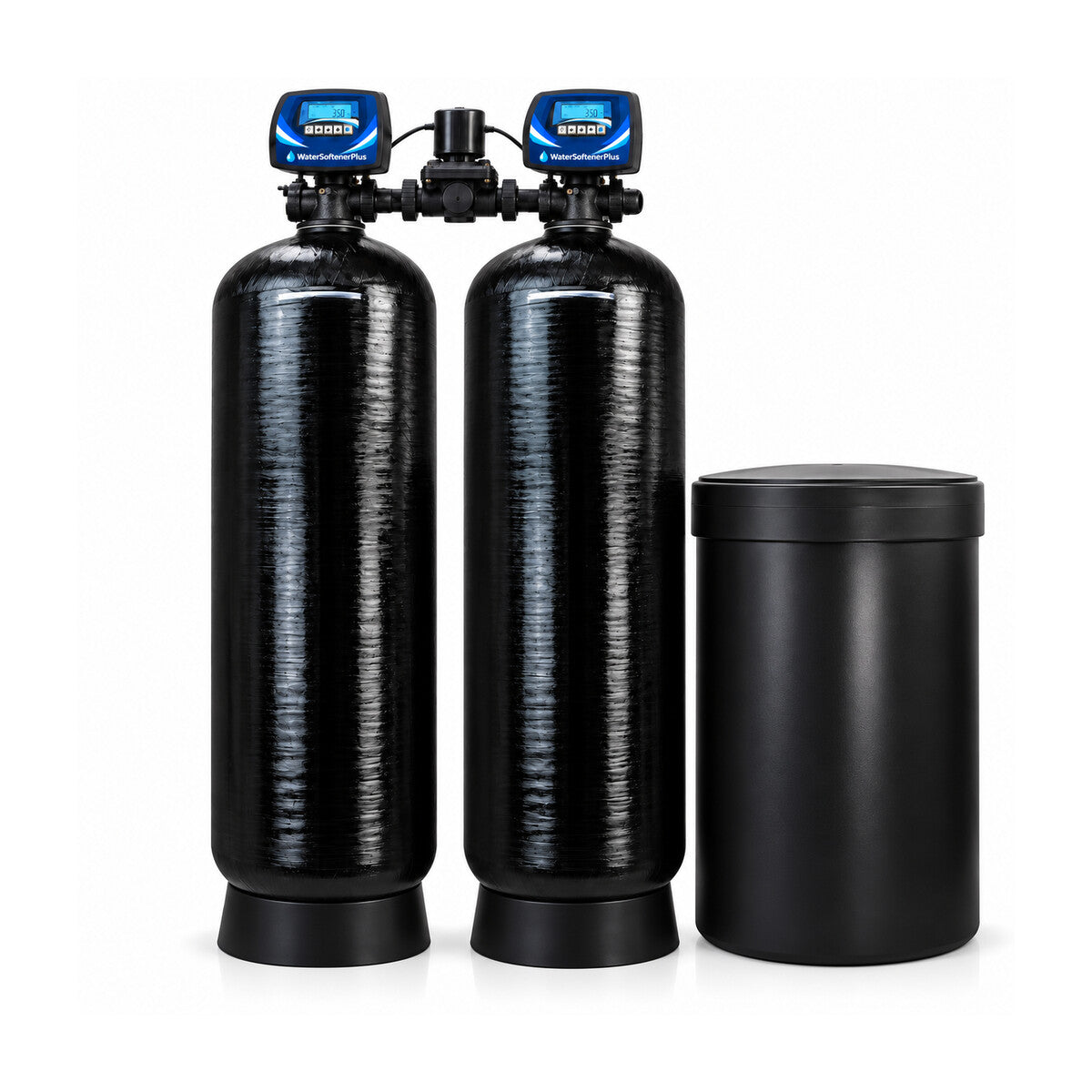 Nelsen 450,000 Grain Twin-Tank Commercial (NWS20) Water Softener — complete assembled NWS20 twin system with two equal WSP heads and included brine tank