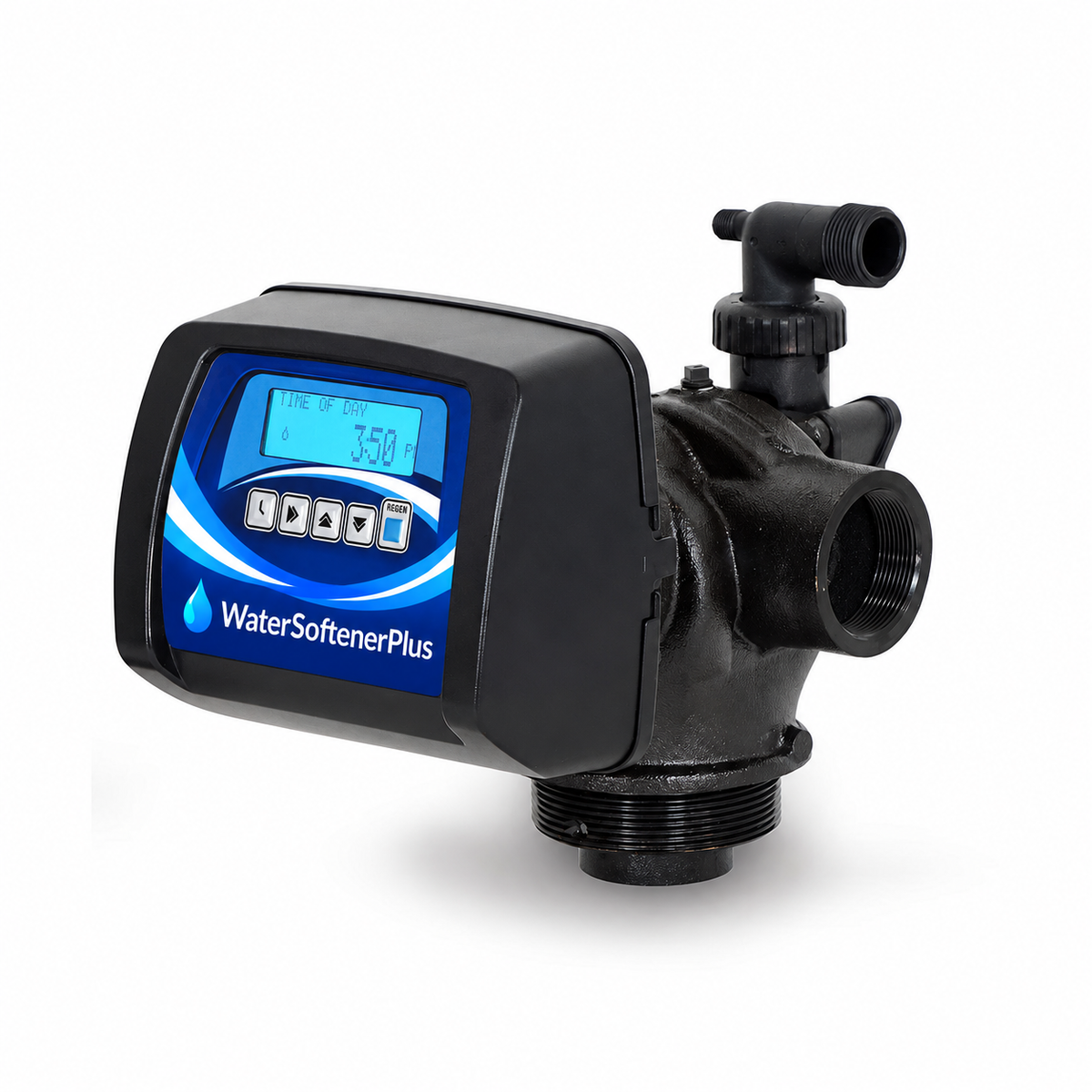 WSP softener timer control valve with matching five-button WaterSoftenerPlus Mylar face, full valve shown